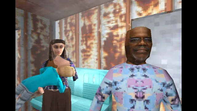 Two survivors in low-poly PS1 style, a man in a patterned sweater and a woman holding a child, in a rusty room