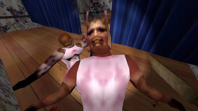 A low-poly zombie in a bloodied white vest close up in a room with blue curtains and a wooden floor