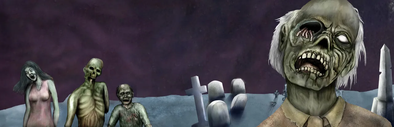 Night At the Gates of Hell art: rotting zombies walking through a graveyard under a purple night sky, one with maggots in its eye socket