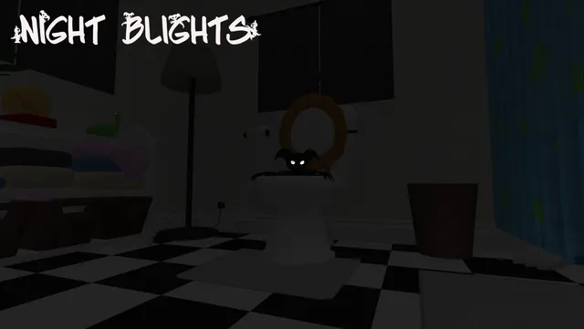 Night Blights: a small black creature with glowing eyes crawls out of a toilet in a dark bathroom