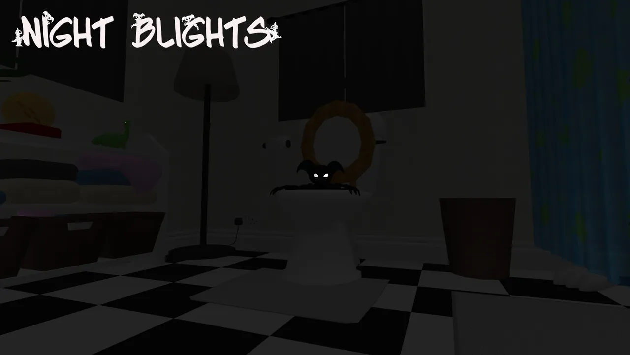 Night Blights: a small black creature with glowing eyes crawls out of a toilet in a dark bathroom