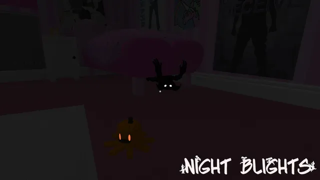 A Night Blight on the floor of a pink bedroom at night beside an orange toy