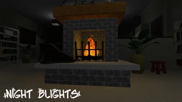 A lit fireplace in a dim living room at night, the Night Blights logo in the corner