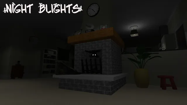 A Night Blight with glowing eyes hanging in the dark fireplace of the living room, a clock on the wall