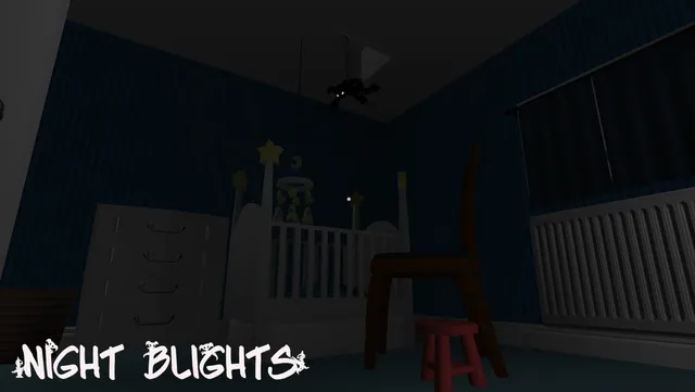 A dark nursery with a cot and a mobile, a small creature clinging to the ceiling