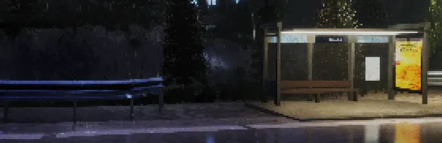 Pixelated art of an empty bus shelter and a crash barrier on a wet road at night