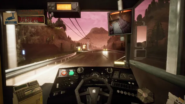 The driver's view of a mountain road at dusk, with power lines and a shelter ahead