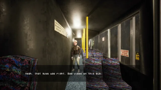 A passenger walks down the bus aisle past patterned seats, saying there are bad vibes on this bus