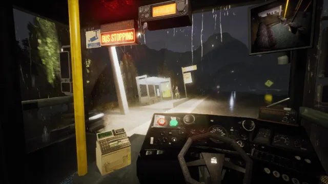 Night Bus driver's view at night: rain on the windscreen, a lit bus shelter with a waiting man and a CCTV monitor above the dashboard