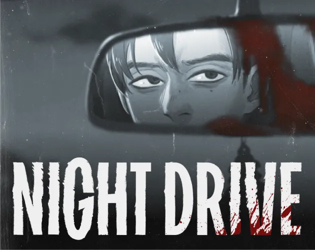 Night Drive cover art: a young man's eyes in a rear-view mirror smeared with blood above the title
