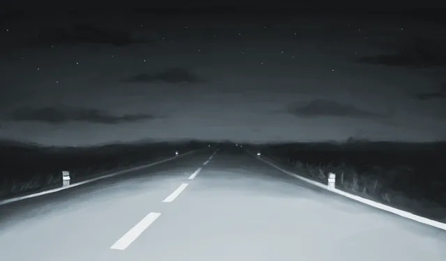 Night Drive background art: an empty two-lane road under a starry night sky, lit by headlights