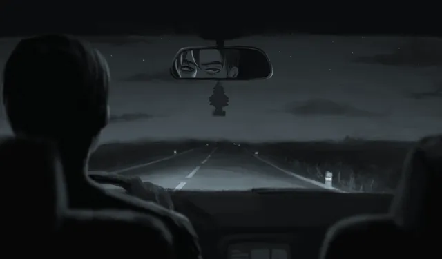 Night Drive screenshot: from the back seat, a driver seen from behind on a dark empty road, his narrowed eyes watching from the rear-view mirror