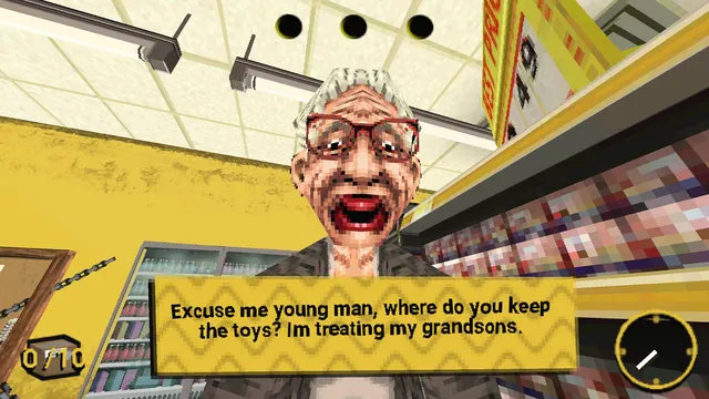 Night of the Consumers screenshot: a screaming grandmother in red glasses asks where the toys are kept