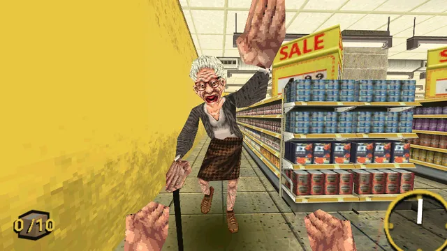 Night of the Consumers screenshot: an old woman with a cane lunges down the aisle at the player