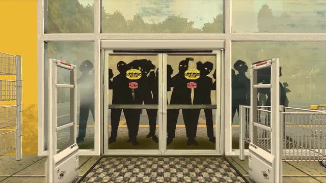 Night of the Consumers screenshot: a crowd of dark silhouettes waits outside the supermarket's glass doors