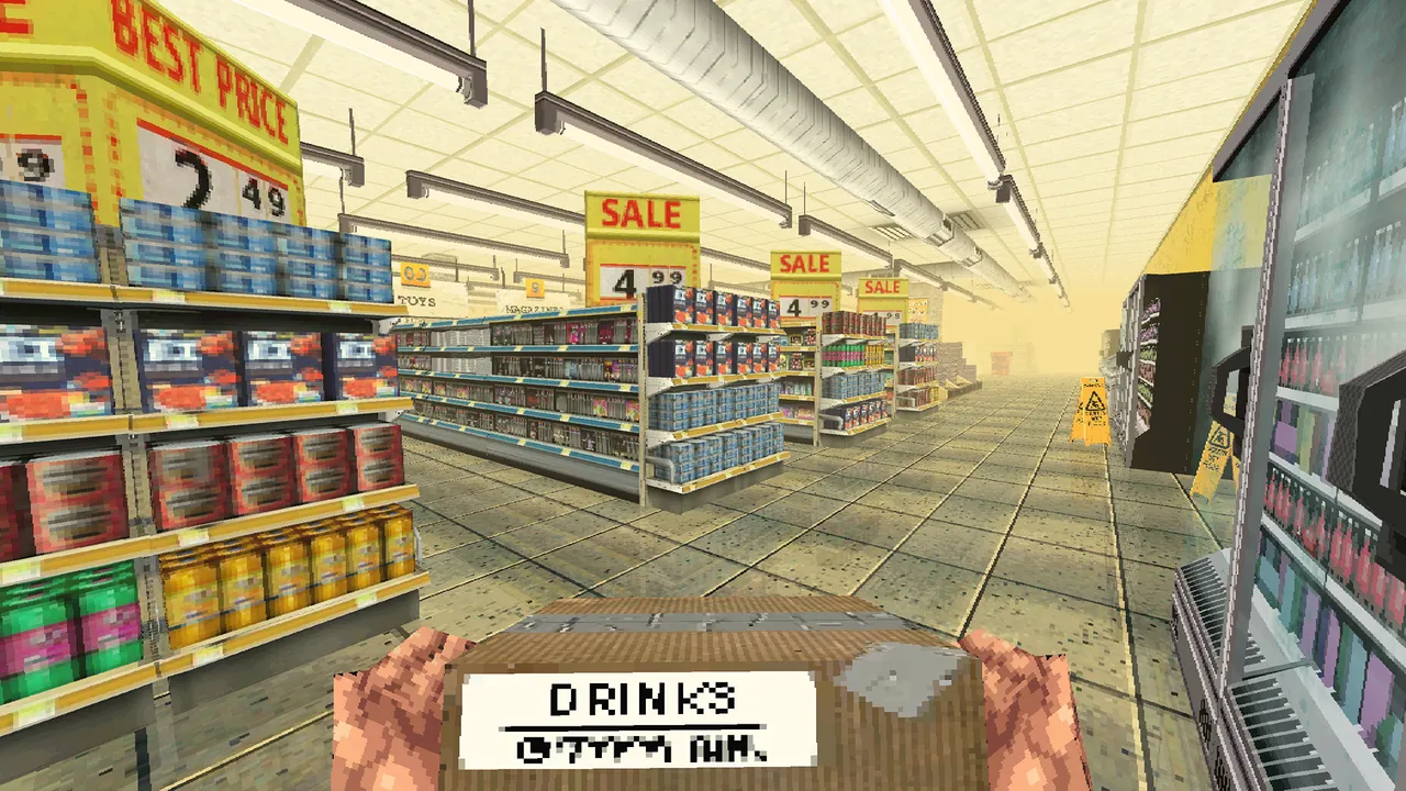 Night of the Consumers screenshot: a box marked Drinks in hand in a long yellow supermarket aisle lined with sale signs