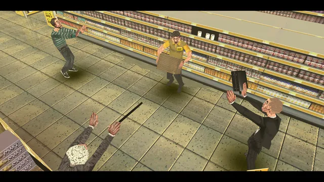 Night of the Consumers screenshot: a man in a suit demands to be shown the suits while other shoppers close in