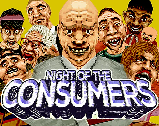 Night of the Consumers cover: a crowd of grinning, pixelated shoppers' faces above the title