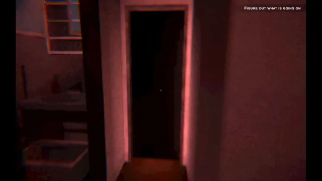 Clap Clap: a black doorway in a red-lit hallway, objective Figure out what is going on