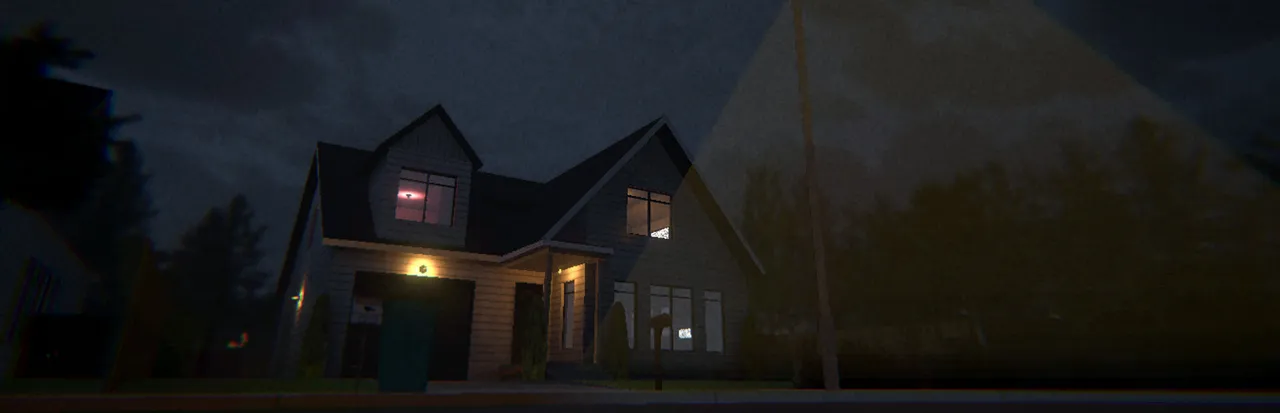 Clap Clap art: a two-storey suburban house at night with a lit porch, a red-lit upstairs window and a street lamp