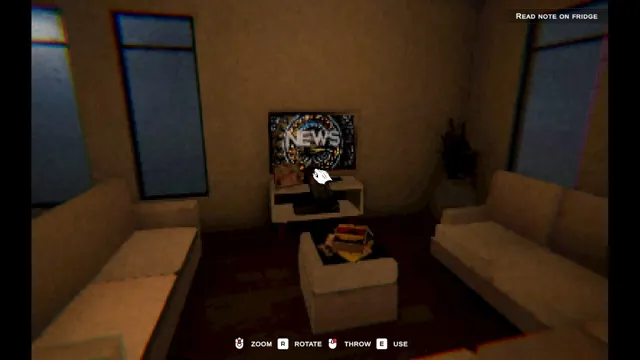 Clap Clap: a dim living room with two sofas and a television showing the news