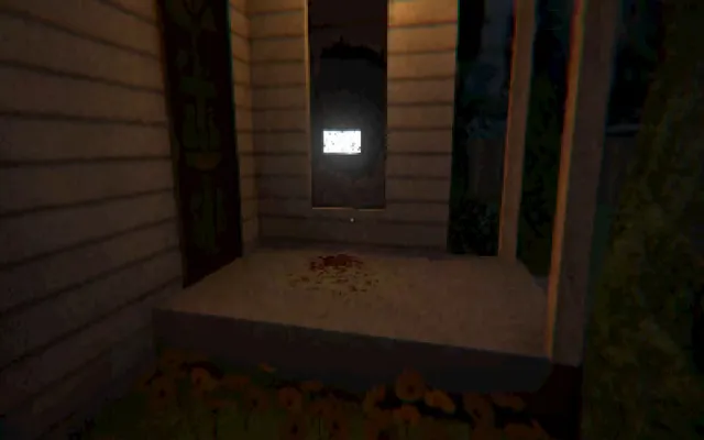 Clap Clap: a bloodstain on the front porch at night, with a glowing television visible through the open door