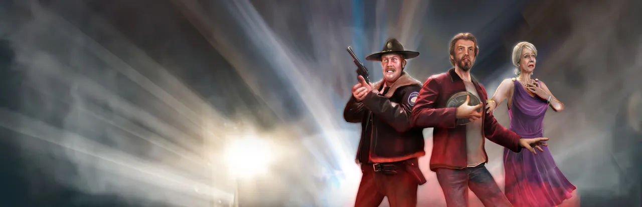 Nightmare Frames key art: a sheriff with a revolver, a bearded man holding a film reel and an older woman in a purple dress under bright beams of light