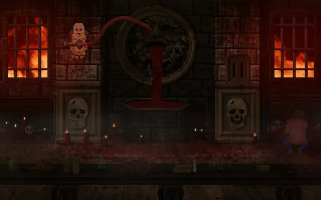 A hellish red chamber where blood pours from a carved face into a basin between skulls and fires