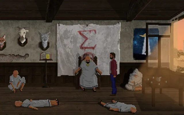 Pixel art scene of a robed cult leader on a chair under a banner with a red sigma, followers in white robes on the floor around Alan