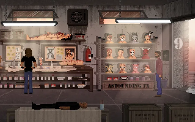 A special effects workshop with severed prop heads on shelves and a body on a table