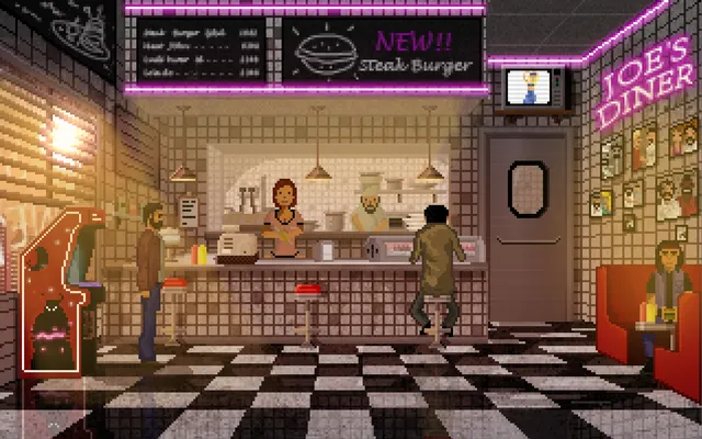 Alan in Joe's Diner, a 1980s diner with a neon sign, an arcade machine and a checkered floor