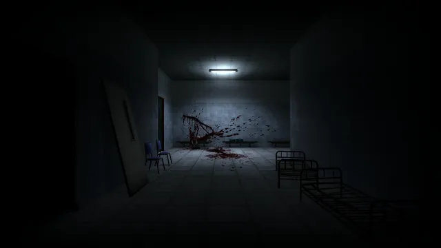 Nightmare House: a dim hospital corridor with blood sprayed across the tiled wall and floor, empty bed frames on the right