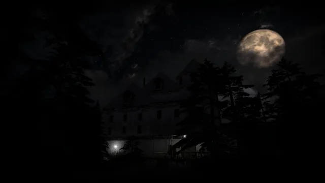 Nightmare House: a large old house at night among pine trees under a bright moon