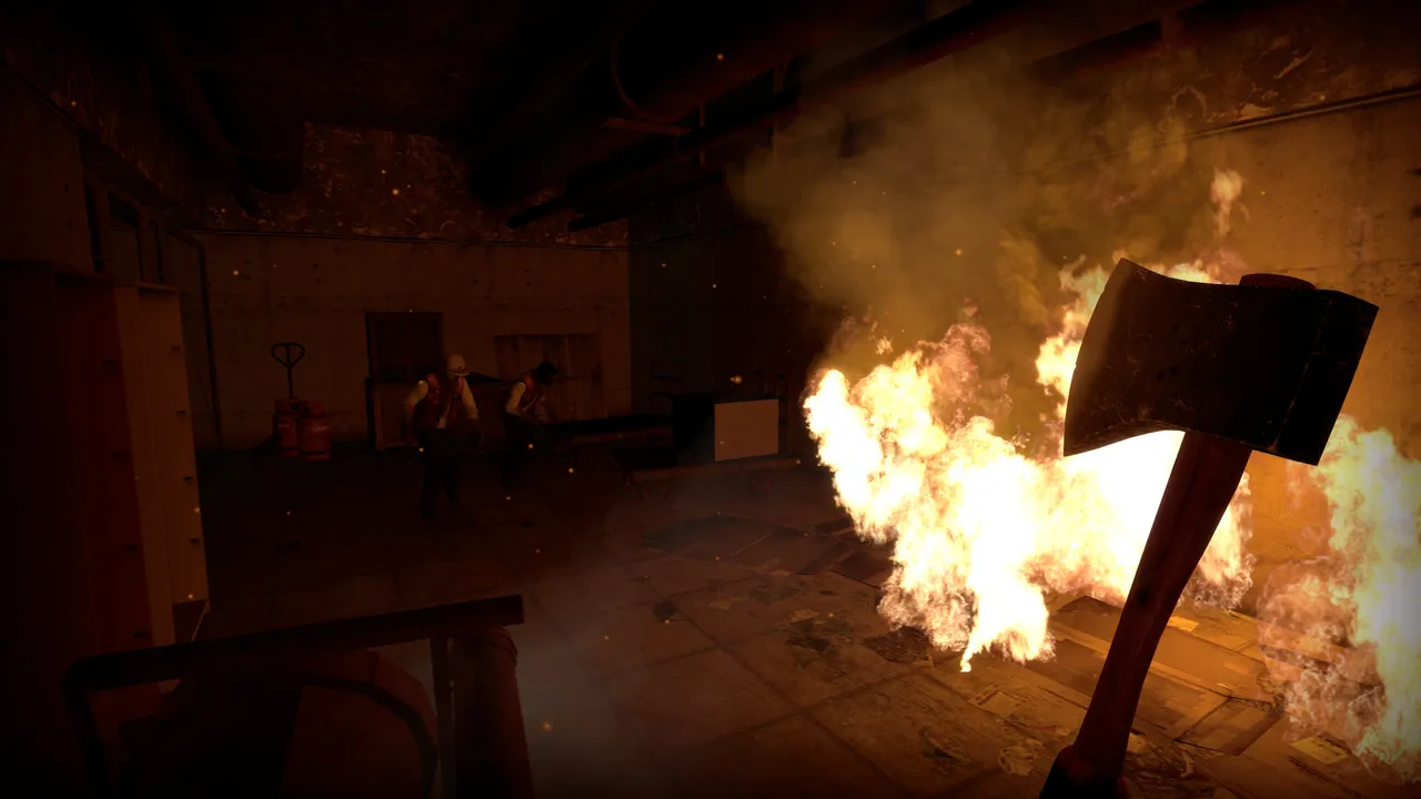 Nightmare House: first-person view holding an axe in a burning basement as two undead workers in hard hats shamble closer
