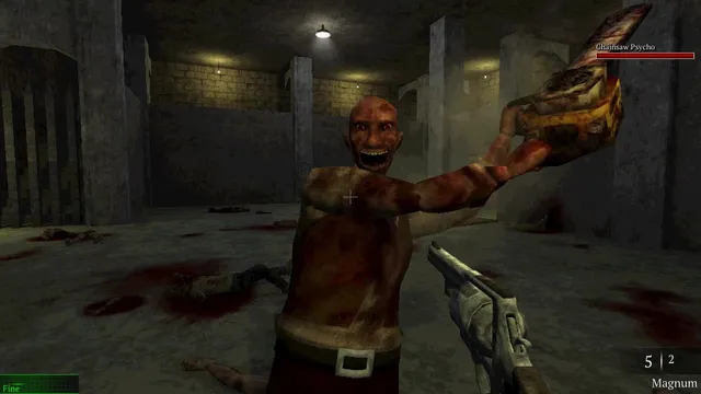 Nightmare of Decay screenshot: a grinning, blood-covered chainsaw psycho lunges in a stone basement as you aim a magnum