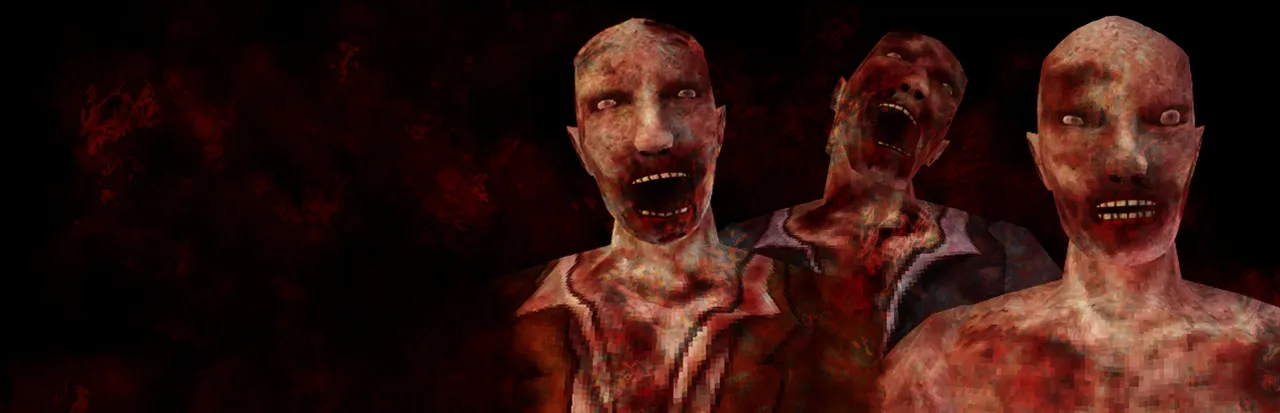 Nightmare of Decay key art: three bloodied, low-poly zombies with pale eyes and open mouths against a dark red background