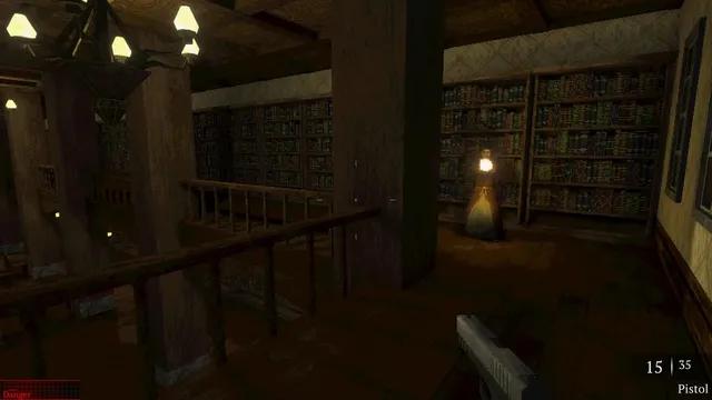 Nightmare of Decay screenshot: a pistol aimed across a two-storey library with chandeliers at a robed figure holding a lantern