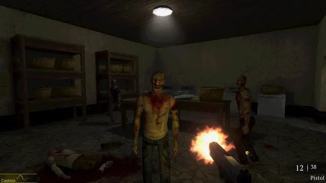 Nightmare of Decay screenshot: firing a pistol at bloodied zombies in a cellar storeroom with shelves of baskets
