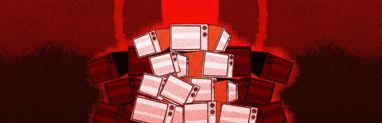 Nightmare Zapping key art: a heap of old television sets showing white static, piled under a glowing red light