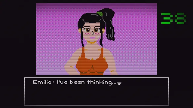 Nightmare Zapping screenshot: channel 38 shows a pixel-art woman named Emilia on a pink screen saying she has been thinking