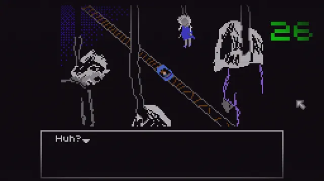 Nightmare Zapping screenshot: a dark purple pixel-art scene of a tree, a hanging figure and a grotesque face on channel 26, with the text Huh?