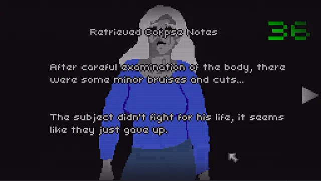 Nightmare Zapping screenshot: channel 36 shows Retrieved Corpse Notes over a faded figure, saying the subject did not fight for his life