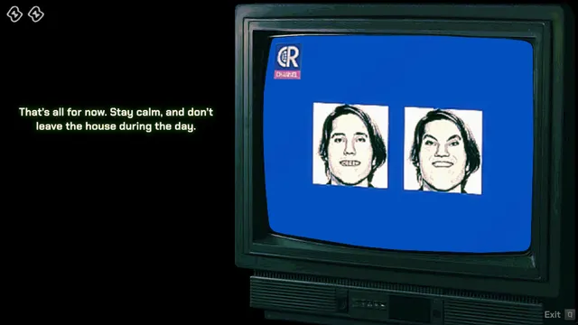 An old TV showing two drawn faces, one with a wide grin, beside the message to stay calm and not leave the house during the day