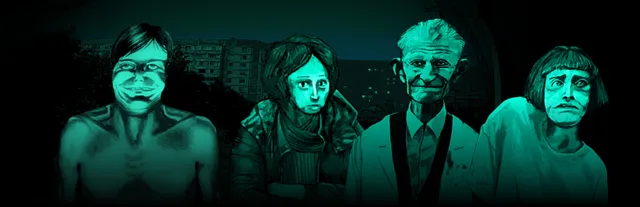 No, I'm not a Human key art: four uncanny drawn faces lit in green, a grinning shirtless man, a woman in a scarf, an old man and a woman with a bob, against apartment blocks at night