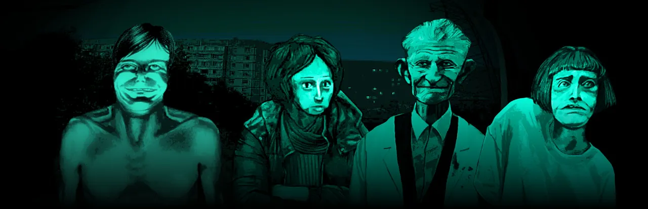 No, I'm not a Human key art: four uncanny drawn faces lit in green, a grinning shirtless man, a woman in a scarf, an old man and a woman with a bob, against apartment blocks at night