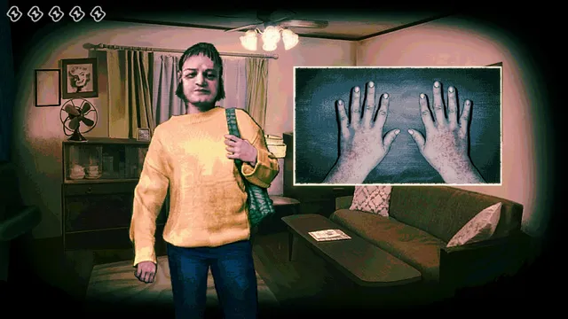 A man in a yellow sweater stands in a living room while an inset shows a close look at his hands