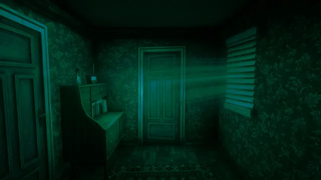 A dim green hallway with closed doors and light coming through the blinds