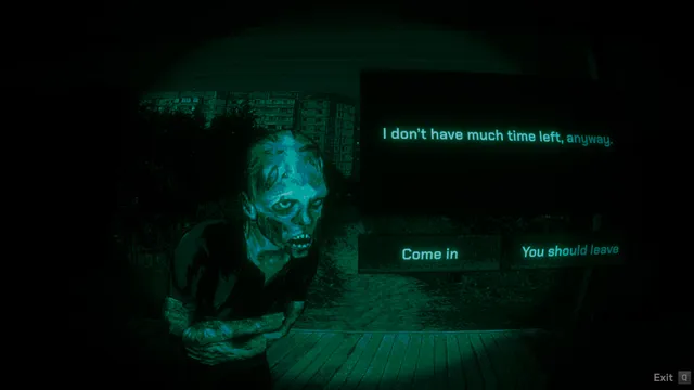 A gaunt, grey-skinned visitor stands at the door at night with the choice to say come in or you should leave