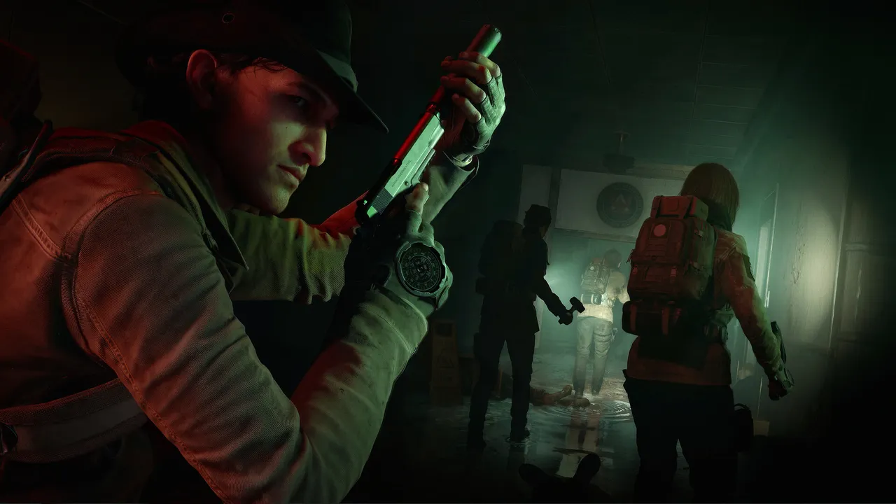 No More Room in Hell 2 screenshot: a survivor raises a pistol in a dark room while teammates with backpacks press on toward a green-lit doorway