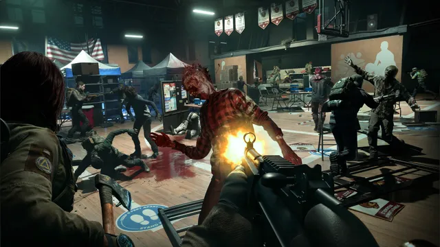 No More Room in Hell 2 screenshot: first-person view firing a rifle at zombies in a school gym turned into an emergency shelter